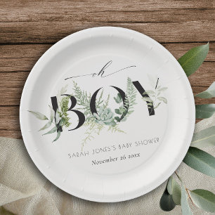 Dusky Leafy Fern Succulent Oh Boy Baby Shower Paper Plate