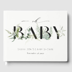 Dusky Leafy Fern Succulent Oh Script Baby Shower Guest Book