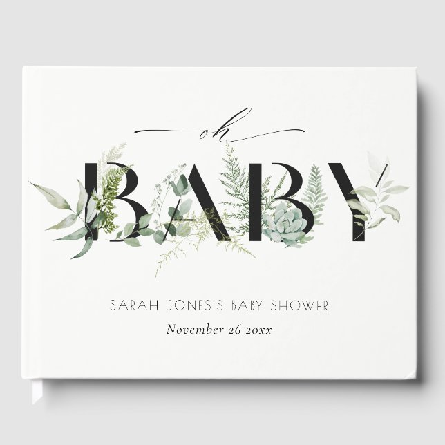 Dusky Leafy Fern Succulent Oh Script Baby Shower Guest Book (Front)