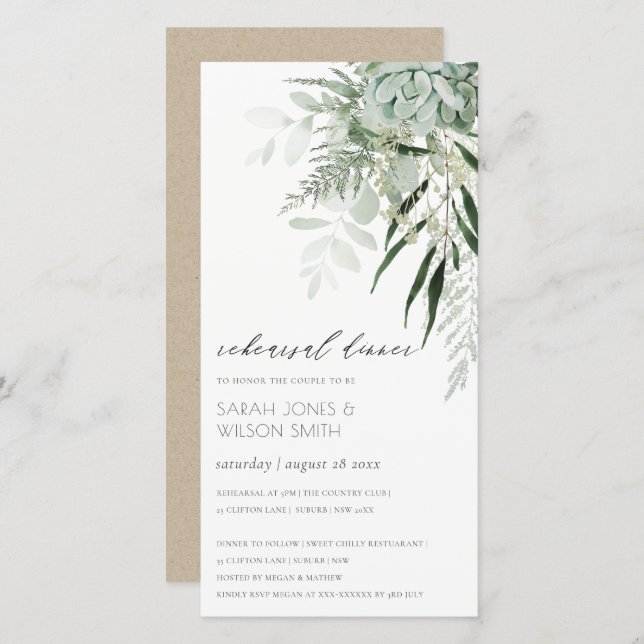 Dusky Leafy Fern Succulent Rehearsal Dinner Invite (Front/Back)