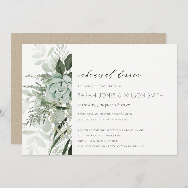 Dusky Leafy Fern Succulent Rehearsal Dinner Invite (Front/Back)