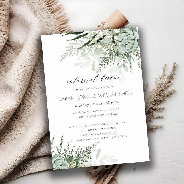 Dusky Leafy Fern Succulent Rehearsal Dinner Invite (Creator Uploaded)