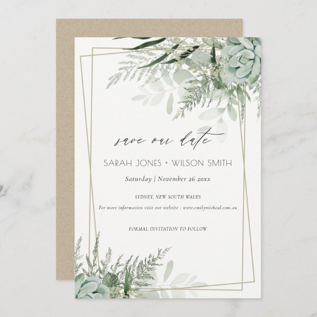 Dusky Leafy Fern Succulent Save the Date Card (Front/Back)