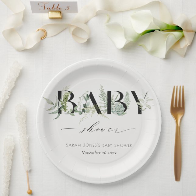 Dusky Leafy Fern Succulent Script Baby Shower Paper Plate (Wedding)
