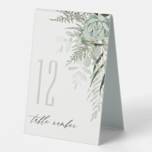 Dusky Leafy Fern Succulent Wedding Table Number