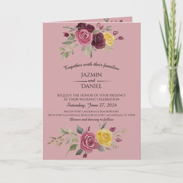 Dusky Pastel Watercolor Roses Maroon Invitation (Front)