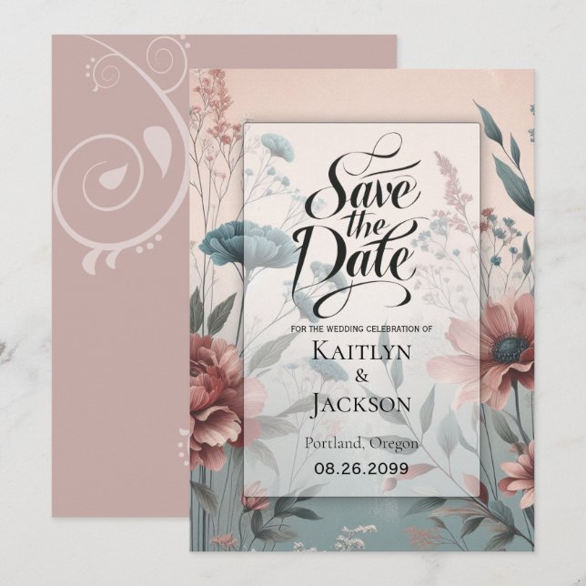 Dusky Petals and Soft Serenity Floral Save The Date (Front/Back)