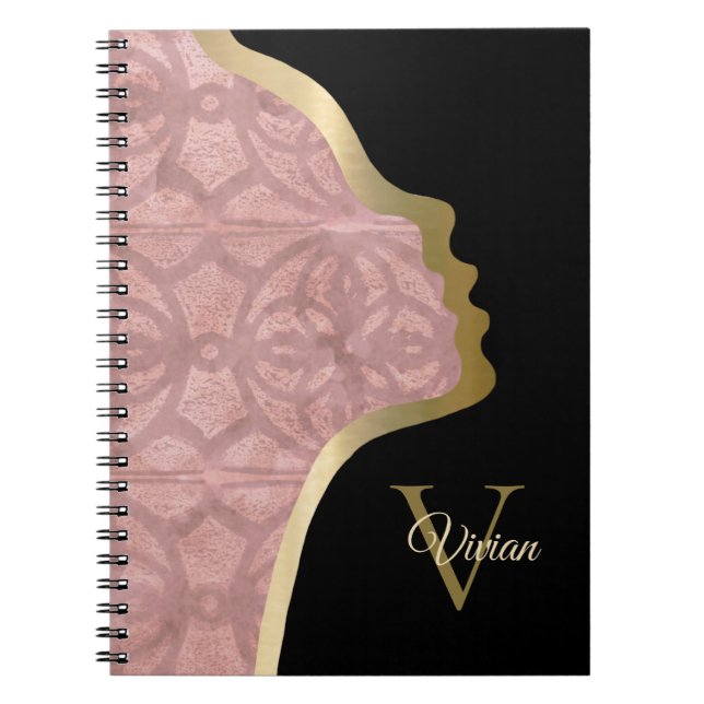 Dusky Pink Black And Gold Face Monogram Name Notebook (Front)