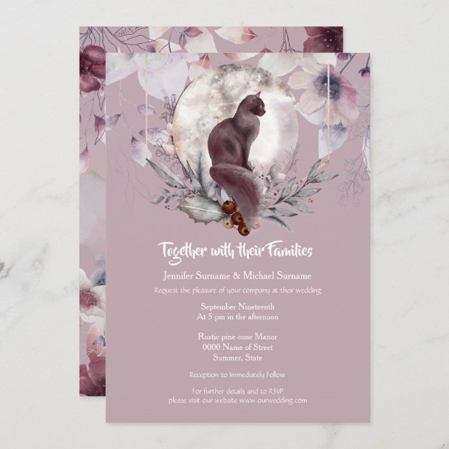 Dusky pink black cat moon watercolor invitation (Front/Back)