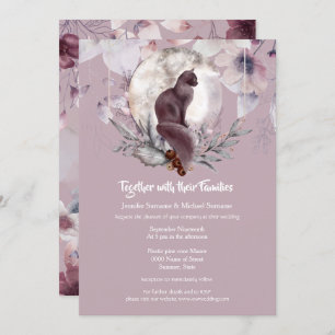 Dusky pink black cat moon watercolor invitation