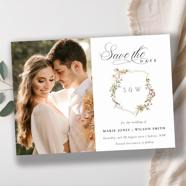 Dusky Pink Blush Wildflower Crest Photo Wedding Save The Date (Creator Uploaded)