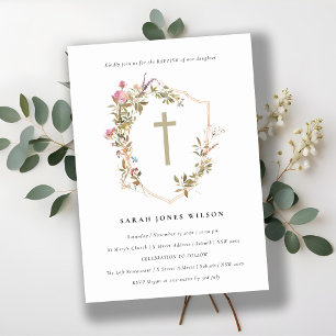 Dusky Pink Blush Wildflower Cross Crest Baptism Invitation