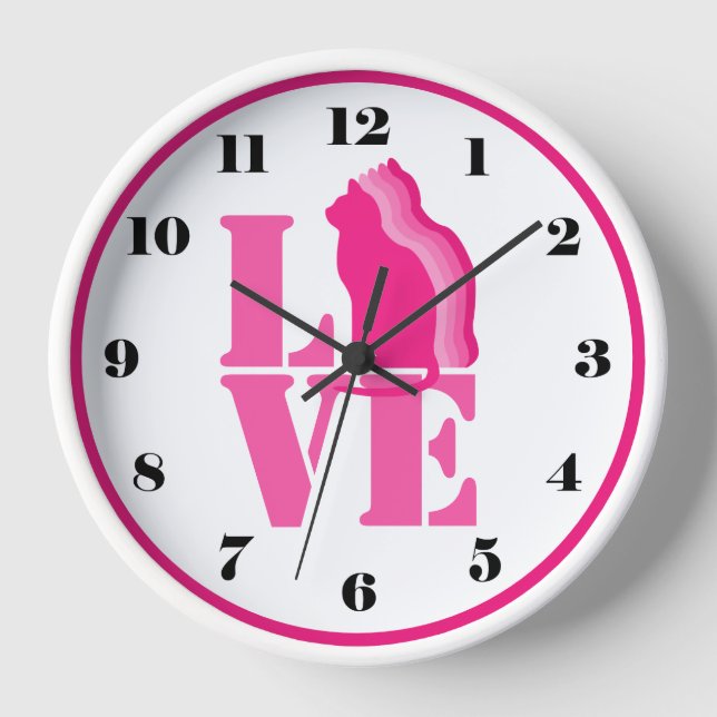 Dusky pink cat in silhouette, LOVE, with numbers  Clock (Front)