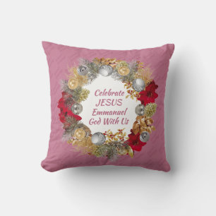 Dusky Pink CELEBRATE JESUS Christmas Wreath Cushion