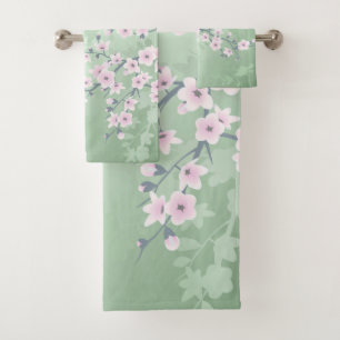 Dusky Pink Cherry Blossom Green Background Bath To Towel Set