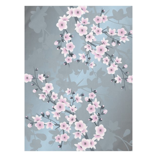 Dusky Pink Dusty Blue Cherry Blossoms Tablecloth (Front)