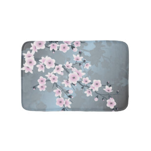 Dusky Pink Grayish Blue Cherry Blossom Floral Bath Mat
