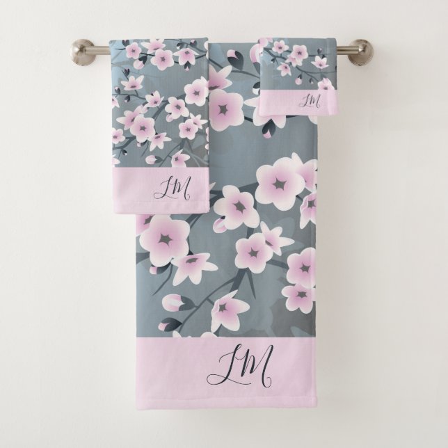 Dusky Pink Grayish Blue Cherry Blossom Floral Bath Towel Set (Insitu)