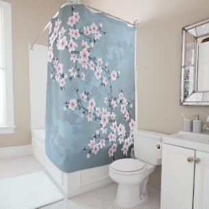 Dusky Pink Grayish Blue Cherry Blossom Floral Shower Curtain
