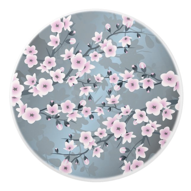 Dusky Pink Grayish Blue Cherry Blossoms Floral Ceramic Knob (Front)