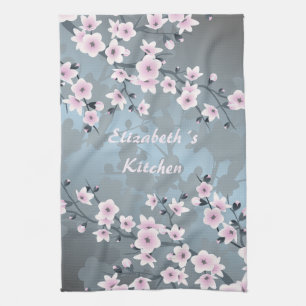 Dusky Pink Grayish Blue Cherry Blossoms Kitchen To Tea Towel