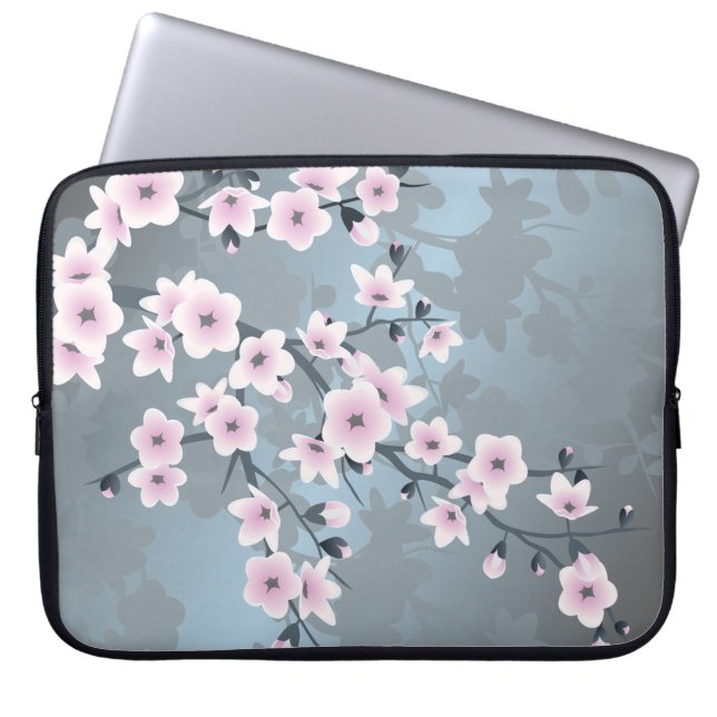 Dusky Pink Grayish Blue Cherry Blossoms Laptop Sleeve (Front)