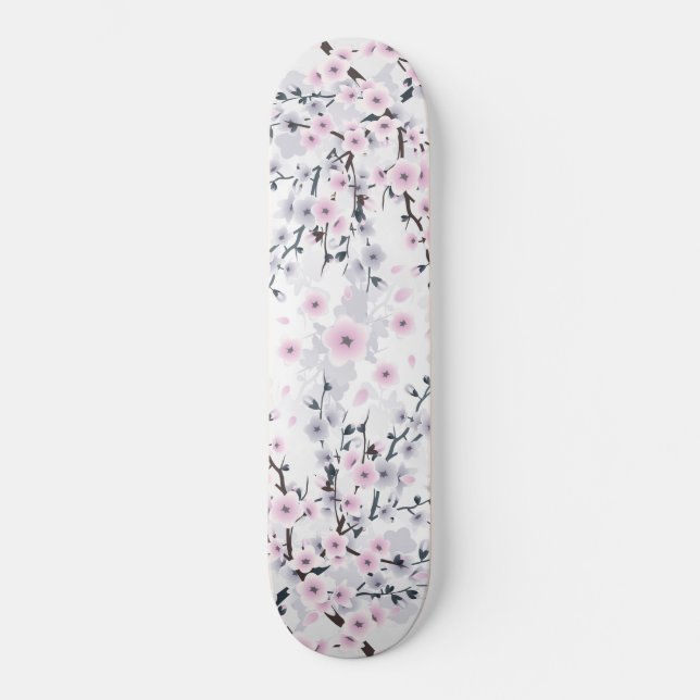 Dusky Pink Mauve Cherry Blossom Floral Skateboard (Front)