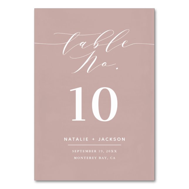 Dusky pink painted elegant script text wedding table number (Front)