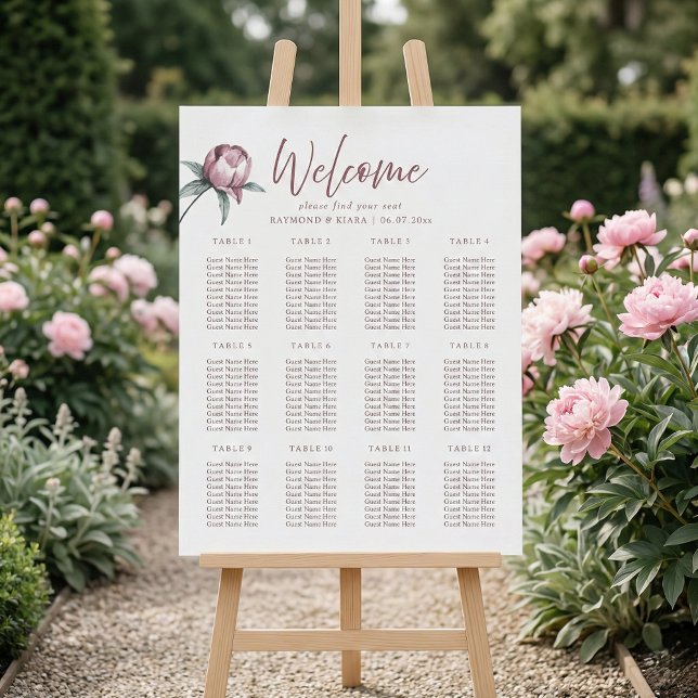 Dusky Pink Peony Find Your Seat Wedding Poster (create your own dusty pink peony wedding seat chart poster)