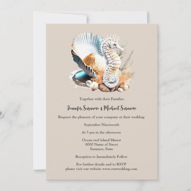 Dusky pink white seahorse seashell coral beach invitation (Front)
