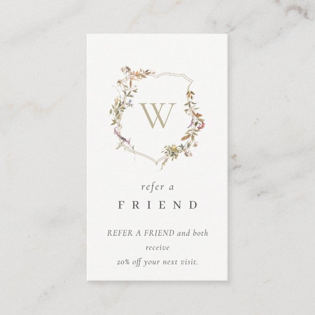 Dusky Pink Wildflower Monogram Crest Refer Friend Business Card (Front)