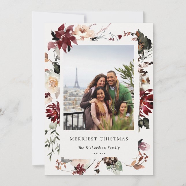 Dusky Poinsettia Floral Merriest Christmas Photo Holiday Card (Front)