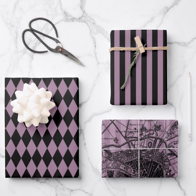 Dusky Purple and Black Paris themed Wrapping Paper Sheet (Front)