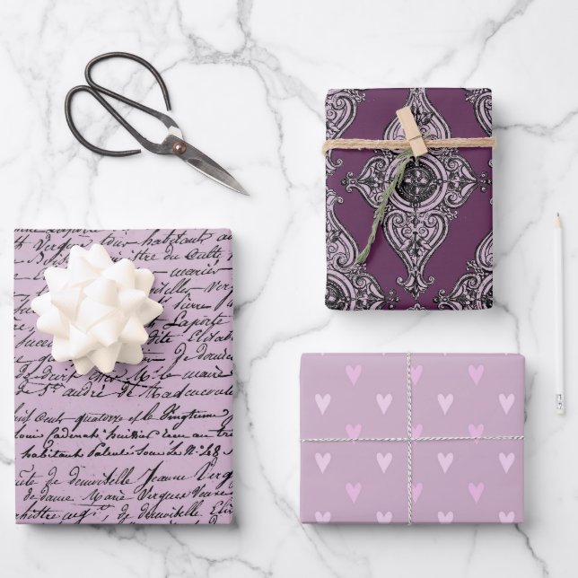 Dusky Purple and Black Paris themed Wrapping Paper Sheet (Front)