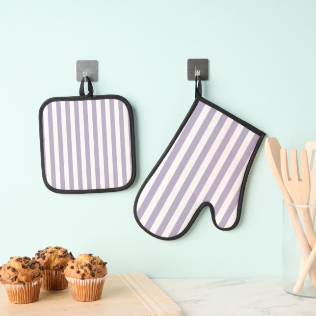 Dusky Purple Pastel Colour Stripes Line Oven Mitt & Pot Holder Set (Insitu(Hanging))