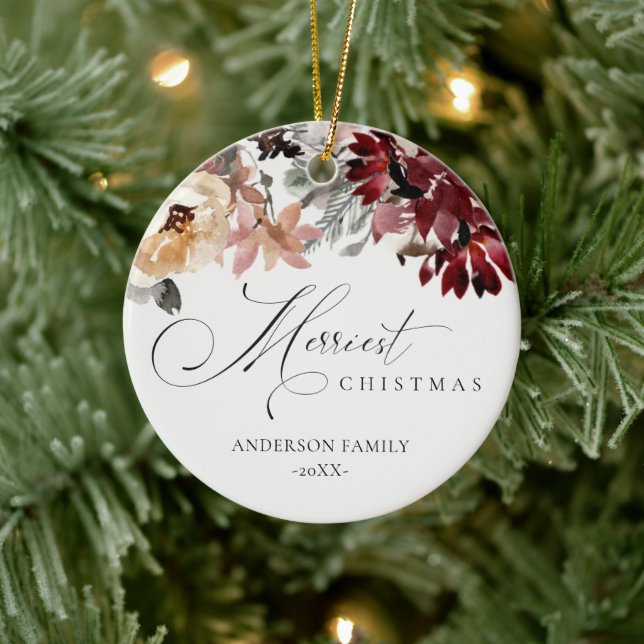 Dusky Red Poinsettia Floral Merriest Christmas  Ceramic Ornament (Tree)