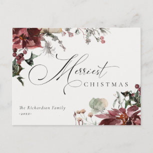 Dusky Red Poinsettia Floral Merriest Christmas Postcard