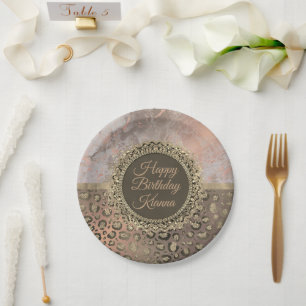 Dusky Rose Marble Glittery Leopard Birthday Paper Plate