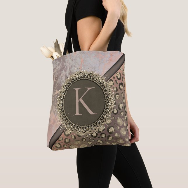 Dusky Rose Marble Glittery Leopard Monogram Tote Bag (Close Up)