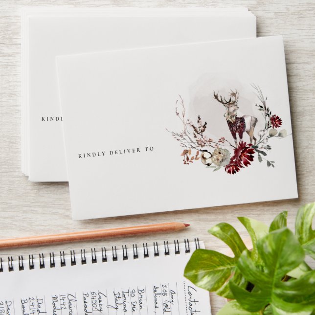 Dusky Stag Marsala Foliage Wreath Merry Christmas Envelope (Stacked)