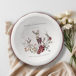 Dusky Stag Marsala Foliage Wreath Merry Christmas Paper Plate
