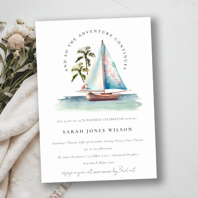 Dusky Teal Sailboat Palm Seascape Any Age Birthday Invitation (Creator Uploaded)