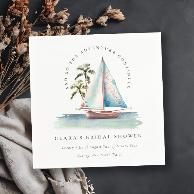 Dusky Teal Sailboat Palm Seascape Bridal Shower Napkin (Creator Uploaded)