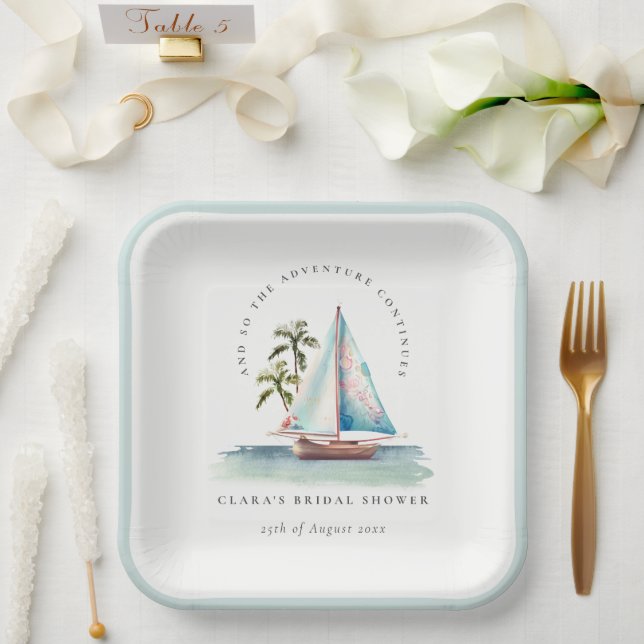 Dusky Teal Sailboat Palm Seascape Bridal Shower Paper Plate (Wedding)