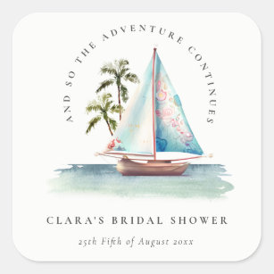 Dusky Teal Sailboat Palm Seascape Bridal Shower Square Sticker