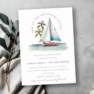 Dusky Teal Sailboat Palm Seascape Morning After Invitation