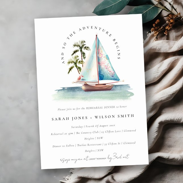 Dusky Teal Sailboat Palm Seascape Rehearsal Dinner Invitation (Creator Uploaded)