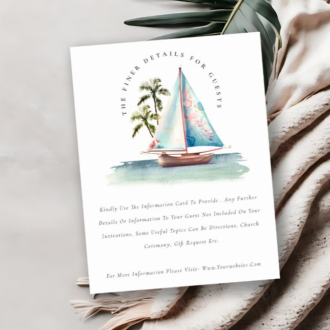 Dusky Teal Sailboat Palm Seascape Wedding Details Enclosure Card (Creator Uploaded)