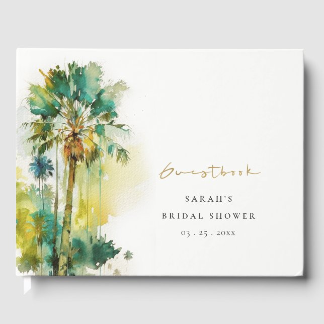 Dusky Tropical Watercolor Palm Trees Bridal Shower Guest Book (Front)