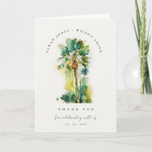 Dusky Tropical Watercolor Palm Trees Photo Wedding Thank You Card